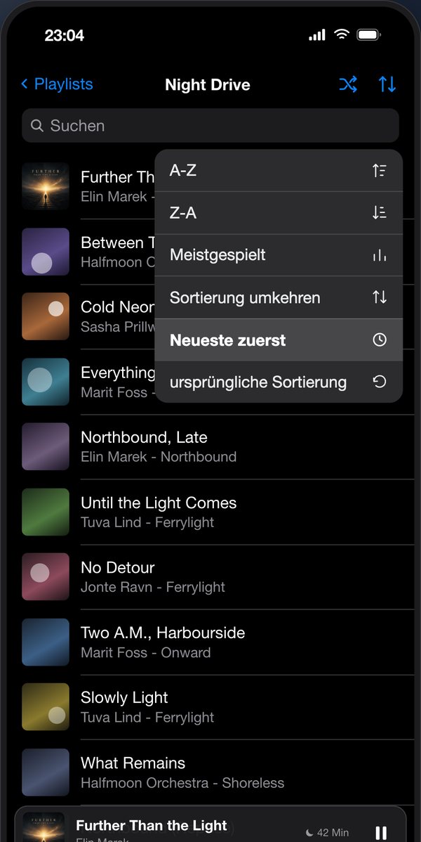 ListPlayer Sortiermenü mit dem Eintrag "Neueste zuerst"
