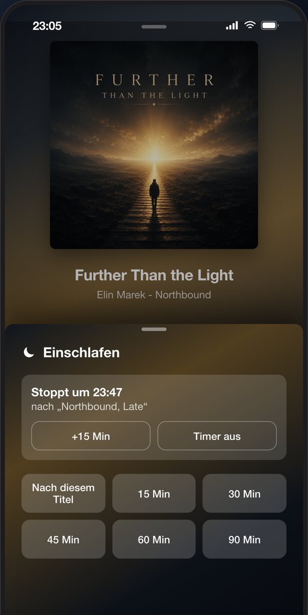 ListPlayer Einschlaf-Timer mit Endzeit und dem Titel, mit dem die Musik endet