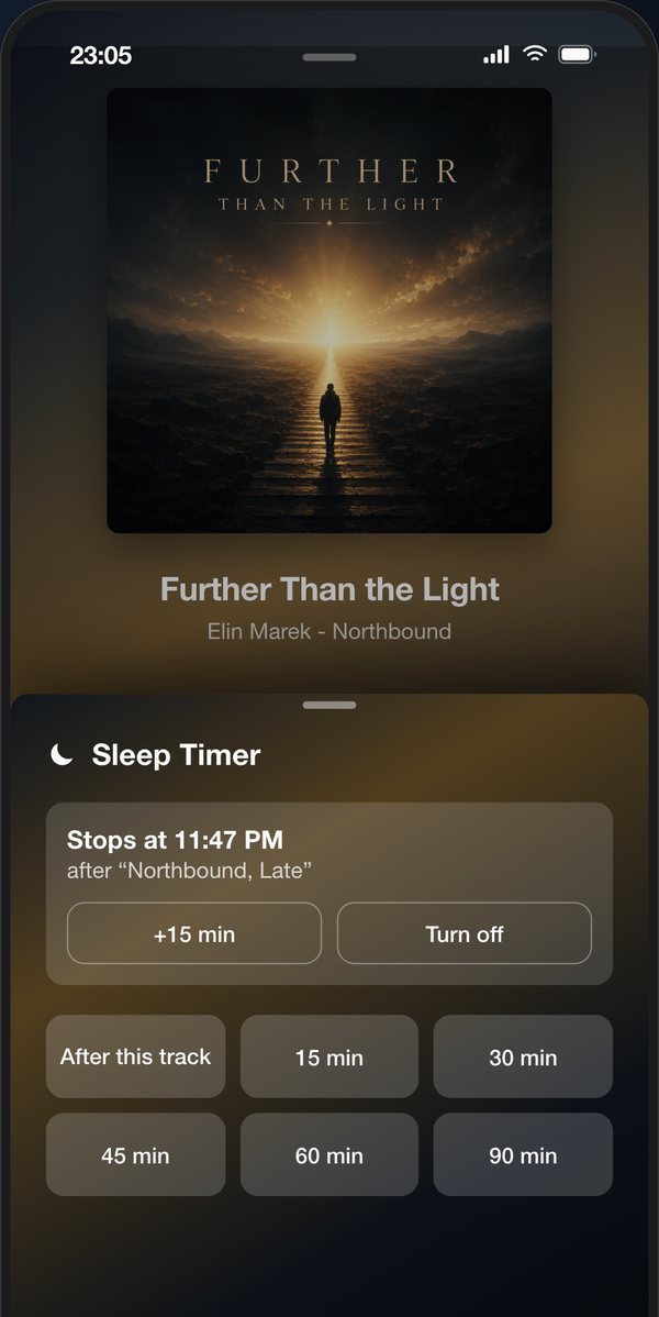 ListPlayer sleep timer showing the stop time and the track the music ends with