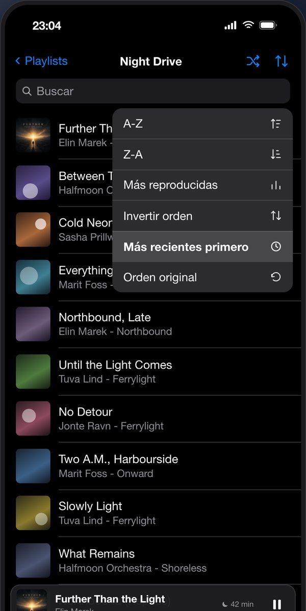Menú de orden de ListPlayer con la opción "Más recientes primero"