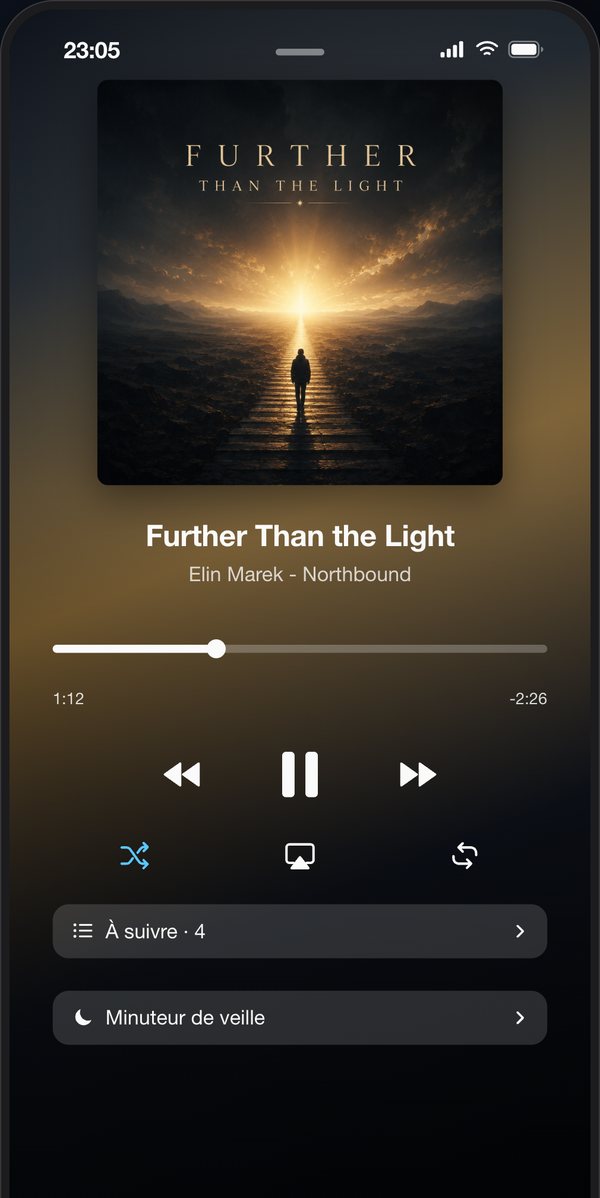 Lecteur de ListPlayer avec les couleurs de la pochette, la file d’attente et AirPlay
