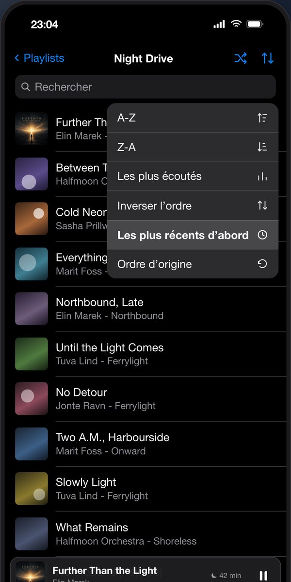 Menu de tri de ListPlayer avec l’entrée "Les plus récents d’abord"