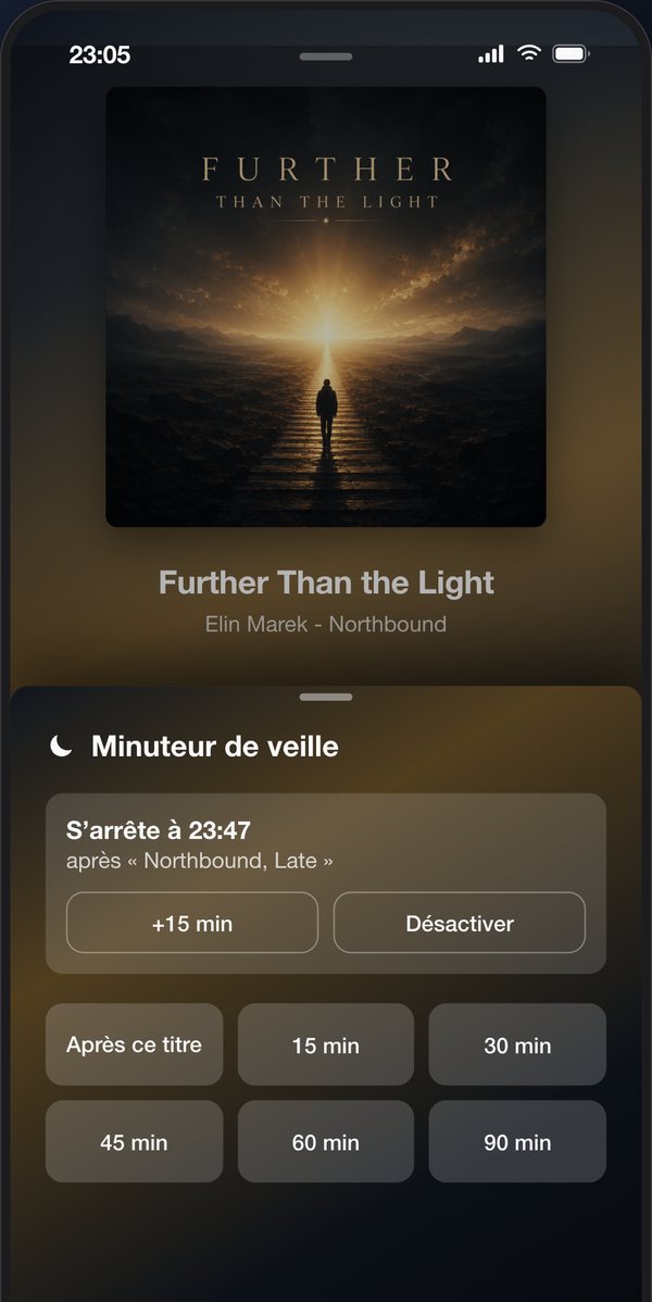 Minuteur de veille de ListPlayer avec l’heure d’arrêt et le titre sur lequel la musique se termine
